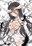  1girl absurdres albedo black_feathers black_hair breasts chain cleavage elbow_gloves gloves groin highres horns long_hair looking_at_viewer medium_breasts overlord_(maruyama) re:rin solo strapless white_gloves yellow_eyes 