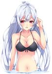  ahoge bikini black_bikini breasts cleavage collarbone long_hair looking_at_viewer matoi_(pso2) medium_breasts milkpanda navel partially_submerged phantasy_star phantasy_star_online_2 red_eyes solo swimsuit white_hair 