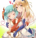  aqua_hair blonde_hair blue_gloves closed_eyes dragon_girl dress elbow_gloves gloves gradient gradient_background heart highres horns hug looking_at_viewer multiple_girls parted_lips puzzle_&amp;_dragons red_gloves rushin ryuune saria_(p&amp;d) short_hair smile twitter_username yellow_eyes 