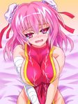  bandaged_arm bandages breasts bun_cover chinese_clothes double_bun highres ibaraki_kasen large_breasts naked_tabard pink_eyes pink_hair short_hair solo tabard tears touhou zephid 
