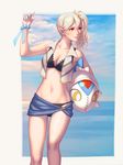  beach bellhenge bikini blue_nails breasts cleavage cloud collarbone cowboy_shot crop_top female_my_unit_(fire_emblem_if) fire_emblem fire_emblem_if highres large_breasts lilith_(fire_emblem_if) md5_mismatch my_unit_(fire_emblem_if) nail_polish navel pointy_ears red_eyes resized side_ponytail silver_hair smile solo stomach super_smash_bros. swimsuit upscaled vest 