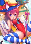  animal_ears bed blue_eyes cat_ears competition_swimsuit fang gloves hat long_hair one-piece_swimsuit original pillow red_hair solo spread_legs staff swimsuit thighhighs witch_hat yoshiheihe 