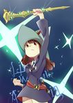  absurdres brown_hair copyright_name english hat highres kagari_atsuko little_witch_academia long_hair red_eyes shiny_rod shirowa solo wand witch witch_hat 