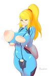  1girl artist_name beauty_mark bewbchan blonde_hair blue_eyes bouncing_breasts breasts crotch_cutout eyebrows_visible_through_hair hair_over_one_eye large_breasts lips_parted long_hair looking_at_viewer metroid one_eye_closed ponytail puffy_nipples pussy restrained samus_aran solo torn_clothes white_background zero_suit 