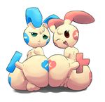  &lt;3 anus balls big_butt brown_eyes butt female from_behind_position green_eyes huge_butt looking_at_viewer looking_back male minun minus nintendo one_eye_closed open_mouth outta_sync penis plus plusle pok&eacute;mon pussy red_eyes sex simple_background smile video_games white_background wink 