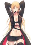  arms_up bangs belt black_coat black_legwear black_shorts blonde_hair breasts cleavage coat cowboy_shot earrings eyebrows eyebrows_visible_through_hair eyelashes genderswap genderswap_(mtf) groin izumi_kouhei jewelry large_breasts long_hair long_sleeves mouth_hold navel no_bra open_clothes open_coat pepper_fever shiny shiny_skin shorts simple_background solo stomach stud_earrings thigh_gap thighhighs unbuckled_belt very_long_hair white_background world_trigger yellow_eyes 