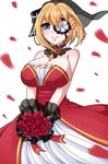  bad_id bad_pixiv_id bangs bare_shoulders blonde_hair blue_eyes bouquet bow breasts choker cross cross_necklace dress eyepatch flower flower_eyepatch hair_bow highres jewelry large_breasts looking_at_viewer necklace petals prince_of_wales_(zhan_jian_shao_nyu) red_dress red_flower red_rose red_wedding_dress rose short_hair smile solo strapless strapless_dress v_arms veil wan_nian_da_zha_de_r wedding_dress zhan_jian_shao_nyu 