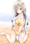  barefoot beach between_legs bikini blue_eyes blush breast_press breasts collarbone eyes_visible_through_hair front-tie_bikini front-tie_top fujishima_shinnosuke gloves hair_ornament hair_over_one_eye hairclip hamakaze_(kantai_collection) hand_between_legs hand_on_own_chest kantai_collection large_breasts looking_at_viewer midriff navel open_clothes open_shirt revision shirt shirt_on_shoulders short_hair side-tie_bikini silver_hair sitting smile solo swimsuit wariza white_gloves yellow_bikini 