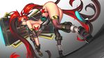  ass bent_over blue_eyes boots breasts elbow_pads elbow_sleeve fingerless_gloves glasses gloves hammer highres huge_weapon large_breasts long_hair looking_at_viewer mary_lucy red_hair sideboob smashing_the_battle solo star tail thighhighs twintails very_long_hair weapon 