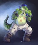  2016 anthro bandanna belly blue_background blue_eyes boots bruised clothed clothing crocodile crocodilian fist footwear green_scales hi_res jewelry male navel necklace pants reptile scales scalie scar shackles simple_background solo teeth topless torn_clothing zerolativity 