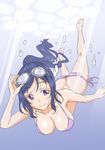  air_bubble ass barefoot bikini blue_hair breasts bubble butt_crack cleavage freediving goggles goggles_on_head holding_breath large_breasts long_hair looking_at_viewer love_live! love_live!_sunshine!! marugoshi_teppei matsuura_kanan ponytail purple_bikini purple_eyes side-tie_bikini smile solo swimming swimsuit underwater water 