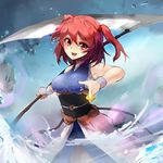  :d bare_shoulders breasts clear_echoes coin hair_bobbles hair_ornament highres large_breasts looking_at_viewer obi onozuka_komachi open_mouth orange_eyes red_hair sash scythe short_hair skull smile solo touhou two_side_up underbust 