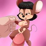  2016 animal_tail anthro bedroom_eyes black_hair black_nose blush breasts brown_eyes buckteeth clitoris digital_media_(artwork) duo erection female fur glans hair half-closed_eyes human lonbluewolf looking_down male male/female mammal mouse nails nipples nude open_mouth penis pink_background precum pussy rodent seductive simple_background size_difference teeth tongue white_sclera 
