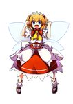 absurdres ascot baba_(baba_seimaijo) blue_eyes brown_hair eyebrows eyebrows_visible_through_hair fairy fairy_wings fang full_body hair_ornament highres obi open_mouth orange_hair puffy_short_sleeves puffy_sleeves red_skirt sash short_hair short_sleeves skirt solo sunny_milk tachi-e touhou transparent_background wings 