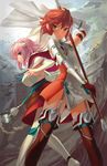  boots brown_eyes dress eyebrows eyebrows_visible_through_hair fire_emblem fire_emblem_if hairband highres hinoka_(fire_emblem_if) ishutani multiple_girls naginata pink_hair polearm red_hair ribbon sakura_(fire_emblem_if) short_dress short_hair siblings sisters spear staff thigh_boots thighhighs weapon yellow_eyes zettai_ryouiki 
