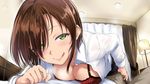  1girl :p aoi_chizuru bangs black_skirt blush bra breasts breath brown_hair brown_legwear bulge buttons ceiling ceiling_light character_request cleavage collared_shirt commentary_request curtains doutei_daisuki_ijiwaru_onee-san_no_gokujou_tehodoki_renzoku_shasei_lesson dress_shirt ear erection erection_under_clothes fingernails girl_on_top green_eyes groping hair_over_one_eye hetero indoors large_breasts licking_lips lips long_sleeves looking_at_viewer naughty_face on_person open_clothes open_shirt original pantyhose pencil_skirt penis penis_under_clothes pov red_bra shirt short_hair skirt smile solo_focus sweat sweatdrop tongue tongue_out underwear white_shirt 