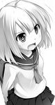  arms_behind_back blush greyscale highres moegi_nenene monochrome open_mouth original simple_background skirt solo white_background 
