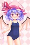  bad_id bad_pixiv_id bat_wings blue_hair bow bow_panties competition_school_swimsuit hakuto_(28syuku) hat holding holding_panties mob_cap one-piece_swimsuit panties panties_removed pink_panties red_eyes remilia_scarlet school_swimsuit short_hair smile solo standing swimsuit touhou underwear wings 