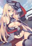 adjusting_clothes adjusting_hat arm_up bare_shoulders bismarck_(kantai_collection) black_panties blonde_hair blue_eyes blurry blush breasts brown_gloves commentary_request covered_navel covered_nipples depth_of_field detached_sleeves gloves grey_legwear hat highres iron_cross kantai_collection large_breasts long_hair looking_at_viewer military military_hat military_uniform obiwan panties peaked_cap solo sweat thighhighs torn_clothes turret twitter_username underboob underwear uniform 
