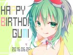  2016 :q bare_shoulders breasts brooch character_name closed_mouth colored_eyelashes covered_nipples dated detached_collar eyebrows eyebrows_visible_through_hair gem goggles goggles_on_head green_eyes green_hair gumi happy_birthday jewelry kuroi_(liar-player) medium_breasts ruby_(stone) short_hair silhouette smile solo tongue tongue_out upper_body vest vocaloid wing_collar yellow_vest 