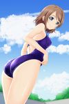  ass bare_shoulders blue_eyes blush brown_hair cloud competition_swimsuit day looking_at_viewer love_live! love_live!_sunshine!! nonaka_ritsu one-piece_swimsuit short_hair sky smile solo swimsuit watanabe_you wet 