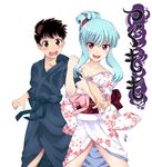  1girl :d arkaras arm_grab blue_hair blush brown_eyes brown_hair copyright_name floral_print hair_up japanese_clothes kagami_kazuya kimono kiriha_(tsugumomo) looking_at_viewer obi off_shoulder open_mouth red_eyes sash short_hair simple_background smile surprised tsugumomo white_background 