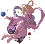  barefoot blonde_hair commentary feet full_body hair_rings japanese_clothes kanpukuguu_otohime long_sleeves looking_at_viewer marine_benefit mefomefo open_mouth outstretched_arm shawl short_hair simple_background smile solo sparkle teeth white_background wide_sleeves yellow_eyes 