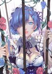  absurdres arm_garter blood blue_eyes blue_flower blue_hair blue_rose blush bow breasts budinger cage cleavage detached_sleeves dripping eyelashes flower frills from_above hair_ornament hair_over_one_eye hair_ribbon hairband hairclip highres holding injury looking_at_viewer looking_up maid medium_breasts neck_ribbon parted_lips pink_flower pink_rose plant purple_ribbon re:zero_kara_hajimeru_isekai_seikatsu red_lips rem_(re:zero) ribbon rose shade short_hair solo tears thorns upper_body vines white_background x_hair_ornament 