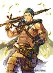  abs bag cape copyright_name dieck fire_emblem fire_emblem:_fuuin_no_tsurugi fire_emblem_cipher green_eyes green_hair leaf male_focus navel official_art scar shirtless simple_background solo sword weapon white_background 