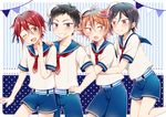  ;d aina123 atsushi_toushirou black_hair brown_eyes brown_hair fang gotou_toushirou green_eyes grey_eyes grin hands_on_another's_shoulders hat male_focus multicolored_hair multiple_boys one_eye_closed open_mouth purple_eyes red_hair sailor sailor_hat shinano_toushirou shorts smile streaked_hair string_of_flags suspenders touken_ranbu yagen_toushirou 