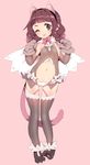  :p animal_ears black_legwear braid brown_eyes brown_hair cameltoe cape cat_ears center_opening detached_sleeves fake_animal_ears gloves highres long_hair navel one_eye_closed original panties paw_gloves paw_pose paw_shoes paws proofmeh shirt shoes smile solo tail thighhighs tongue tongue_out twin_braids twintails underwear 