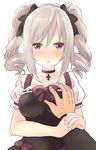 blush breast_grab breasts choker cross drill_hair grabbing guided_breast_grab hair_ribbon hand_on_another's_chest idolmaster idolmaster_cinderella_girls kanzaki_ranko large_breasts out_of_frame owafu pov pov_hands purple_eyes ribbon silver_hair solo_focus sweatdrop twin_drills 