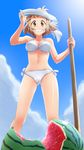  bare_shoulders bikini blush breasts brown_hair cameltoe cloud cloudy_sky day food from_below fruit grin hair_ornament highres large_breasts looking_at_viewer navel open_mouth pole scar senki_zesshou_symphogear short_hair side-tie_bikini sky smile solo swimsuit tachibana_hibiki_(symphogear) unyon watermelon white_bikini yellow_eyes 