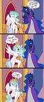  ! 2016 anthro anthrofied areola blue_hair breasts clothed clothing comic crossed_legs crown cutie_mark dialogue dress duo english_text equine feathered_wings feathers female friendship_is_magic glowing hair horn long_hair mammal multicolored_hair my_little_pony navel nipples nude princess_celestia_(mlp) princess_luna_(mlp) sitting text unimpressed whatsapokemon winged_unicorn wings 