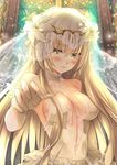  alternate_costume backlighting bangs bare_shoulders blonde_hair blush breasts bridal_veil bride church circlet closed_mouth dress embarrassed eyebrows eyebrows_visible_through_hair fate/grand_order fate_(series) flower formal frills gloves hair_between_eyes hair_flower hair_ornament halterneck highres indoors jeanne_d'arc_(alter)_(fate) jeanne_d'arc_(fate)_(all) jewelry lace large_breasts light_particles lily_(flower) long_hair looking_at_viewer mia_(gute-nacht-07) outstretched_arm pout see-through sideboob solo stained_glass upper_body veil wedding wedding_dress white_dress white_flower window yellow_eyes 