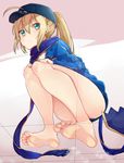  ahoge artoria_pendragon_(all) ass barefoot baseball_cap batatata77 blonde_hair blue_eyes blue_scarf fate/grand_order fate_(series) feet from_below hat highres long_hair looking_at_viewer looking_down mysterious_heroine_x ponytail rojiura_satsuki:_chapter_heroine_sanctuary scarf soles solo squatting toes x-ray 