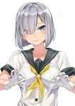  blue_eyes blush breasts buttons closed_mouth covered_nipples eyebrows_visible_through_hair eyes_visible_through_hair face gloves hair_ornament hair_over_one_eye hairclip hamakaze_(kantai_collection) hands highres kantai_collection large_breasts lips looking_at_viewer neckerchief nipple_tweak ok_sign school_uniform serafuku short_hair short_sleeves silver_hair simple_background solo ts422 upper_body white_background white_gloves yellow_neckwear 