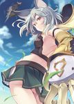  aircraft animal_ears ass back bangs blue_sky blurry blush breasts cat_ears claw_(weapon) closed_mouth cloud cowboy_shot crop_top day depth_of_field detached_sleeves erune eyebrows eyebrows_visible_through_hair from_below granblue_fantasy grass green_skirt grey_hair hair_between_eyes highres hip_vent hood hood_down itoichi. looking_at_viewer midriff miniskirt motion_blur outdoors pleated_skirt sen_(granblue_fantasy) sideboob silver_hair skirt sky small_breasts smile solo weapon wind 