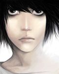  1boy black_eyes black_hair death_note l looking_at_viewer male_focus solo white_background 
