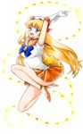  :d aino_minako arms_up bare_legs bishoujo_senshi_sailor_moon blonde_hair blue_bow blue_eyes bow brooch choker circlet elbow_gloves full_body gloves hair_bow ike_(eun2ke) jewelry long_hair looking_at_viewer magical_girl open_mouth orange_choker orange_footwear orange_sailor_collar orange_skirt pleated_skirt red_bow sailor_collar sailor_senshi_uniform sailor_venus shoes skirt smile solo strappy_heels tiara venus_love_me_chain white_background white_gloves yellow_bow 