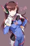  ;p akanbe bodysuit breasts brown_background brown_hair character_name covered_navel d.va_(overwatch) gloves hand_on_hip highres long_hair looking_at_viewer medium_breasts one_eye_closed overwatch pink_eyes simple_background sm318 solo tongue tongue_out white_gloves 