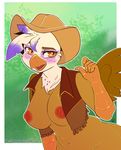  2016 abstract_background amber_eyes anthro anthrofied areola arnachy avian big_breasts blush border breasts brown_feathers clothing cowboy_hat feathered_wings feathers female freckles friendship_is_magic gilda_(mlp) gryphon hat hi_res my_little_pony navel nipples open_mouth slit_pupils solo vest white_border white_feathers wings 