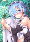  blue_eyes blue_hair blush breasts detached_sleeves hair_over_one_eye hair_ribbon kizaki_yuuri large_breasts maid maid_headdress purple_ribbon re:zero_kara_hajimeru_isekai_seikatsu rem_(re:zero) ribbon short_hair smile solo thighhighs white_legwear 