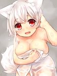  animal_ears bad_id bad_pixiv_id breasts eyebrows eyebrows_visible_through_hair highres inubashiri_momiji large_breasts looking_at_viewer naked_towel open_mouth red_eyes sawatari_(sado) see-through shiny shiny_skin simple_background smile solo steam tail touhou towel wet white_hair wolf_ears wolf_tail 