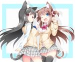  :&lt; ;d animal_ears bangs black_hair black_legwear blue_bow blue_eyes blue_neckwear blush border bow bowtie breasts brown_hair buttons cardigan cat_ears cat_tail closed_mouth collared_shirt cowboy_shot dress_shirt eyebrows eyebrows_visible_through_hair fang floating_hair hair_ornament hair_scrunchie hand_up inumine_aya long_hair long_sleeves looking_at_viewer looking_back looking_up medium_breasts miniskirt multiple_girls one_eye_closed open_mouth original outside_border panties pantyshot paw_pose plaid plaid_neckwear plaid_skirt pleated_skirt polka_dot polka_dot_background pout red_bow red_eyes red_neckwear school_uniform scrunchie shirt skirt smile tail two_side_up underwear upskirt v white_panties white_shirt 