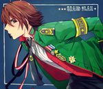  alternate_costume amagase_touma armband border brown_eyes brown_hair flipped_hair from_side headset hoshimaru_daichi idolmaster idolmaster_side-m jacket leaning_forward looking_at_viewer male_focus necktie open_clothes open_jacket profile solo white_border 