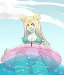 anthro bikini blonde_hair breasts bulge clothing cloud dickgirl feline hair happylittlecloud intersex looking_at_viewer mammal navel nipple_bulge open_mouth outside smile solo standing swimsuit wide_hips 