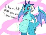  2016 anthro anthrofied belly big_belly blue_scales breasts dialogue digestion dragon english_text featureless_breasts female friendship_is_magic horn membranous_wings my_little_pony nude open_mouth orange_eyes post_vore prettypaddedprincess princess_ember_(mlp) scales scalie solo teeth text vore white_horn wings 