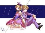  1girl artist_name barefoot blonde_hair blue_eyes brother_and_sister choker colorized commentary_request corset cravat dated dress flat_chest flower frilled_dress frills grin hair_flower hair_ornament hair_ribbon holding_hands ichi_ka interlocked_fingers kagamine_len kagamine_rin kneeling ribbon ribbon_choker rose shoes short_hair siblings signature sitting smile twins vest vocaloid 