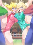  2girls :o alternate_hairstyle armpits asymmetrical_docking bangs bar_censor blonde_hair blue_eyes blue_leotard blush boris_(noborhys) breast_press breasts brooch ceiling censored clothed_sex colored_eyelashes covered_navel covered_nipples cowboy_shot crowd crown denim earrings exhibitionism flexible flipped_hair gem groin_tendon group_sex gymnast_leotard gymnastics hair_over_one_eye hair_up heart heart-shaped_pupils hetero high_ponytail highres holding_hands indoors interlocked_fingers jewelry kneepits large_breasts leg_grab leg_lift leotard leotard_aside lights lipstick long_hair long_sleeves looking_at_viewer luigi makeup mario mario_&amp;_sonic_at_the_rio_2016_olympic_games mario_(series) mask moaning multiple_boys multiple_girls multiple_penises open_fly open_mouth outstretched_arm overalls penis pink_leotard ponytail princess_peach pussy pussy_juice raised_eyebrows rosetta_(mario) sex shirt shy_guy skin_tight split standing standing_on_one_leg standing_sex standing_split star super_mario_bros. super_mario_galaxy symbol-shaped_pupils taut_clothes taut_leotard testicles thighs vaginal 